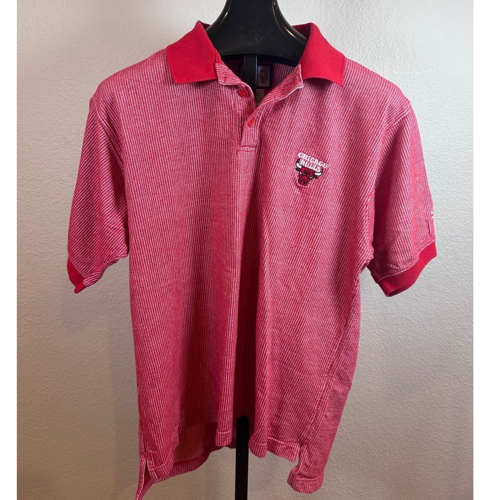 Logo Athletic Chicago Bulls NBA Polo Shirt Red White Grid Mens Large L Vintage